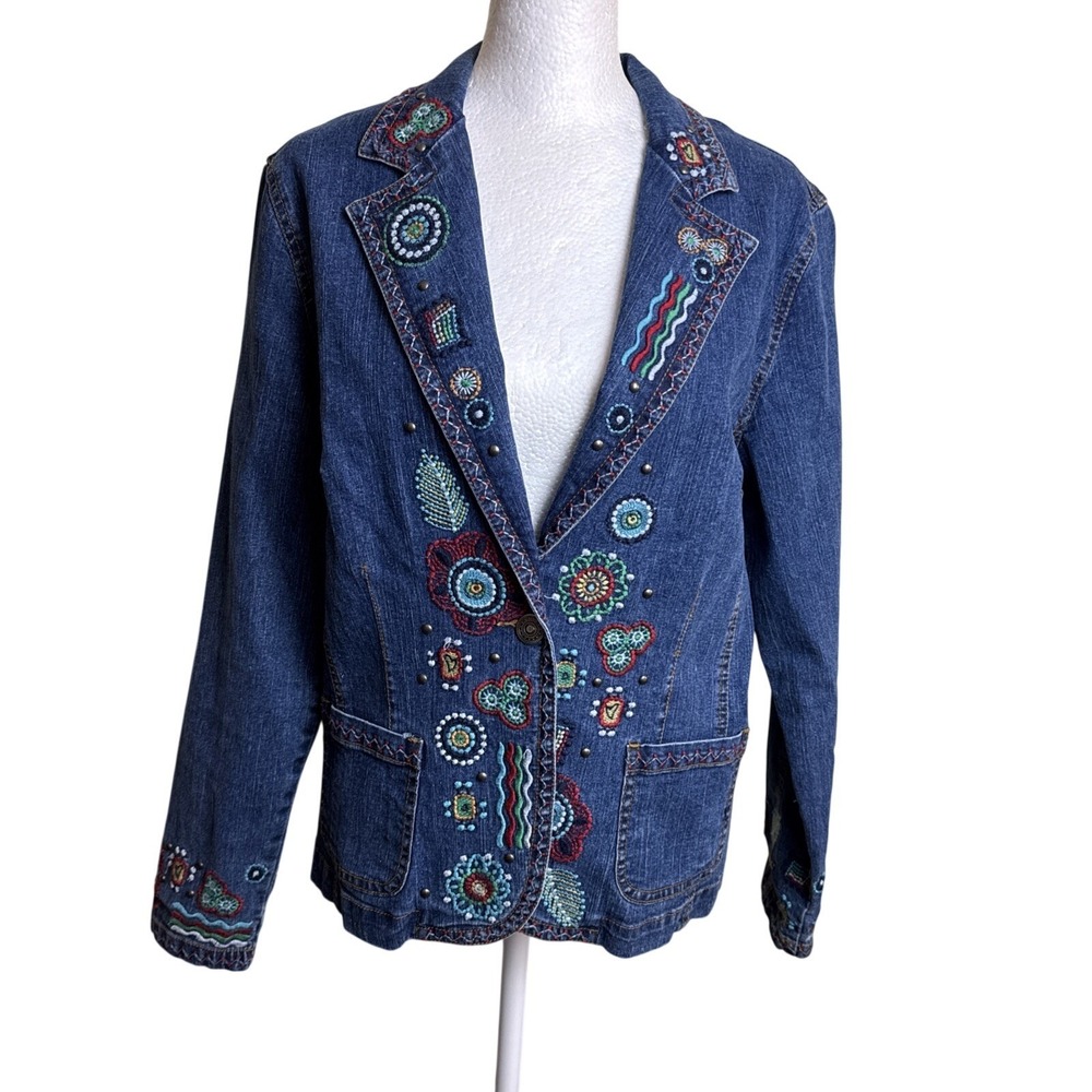 Ruby Rd‎ Embroidered Boho Floral Studded Denim Blazer Jacket Size 10